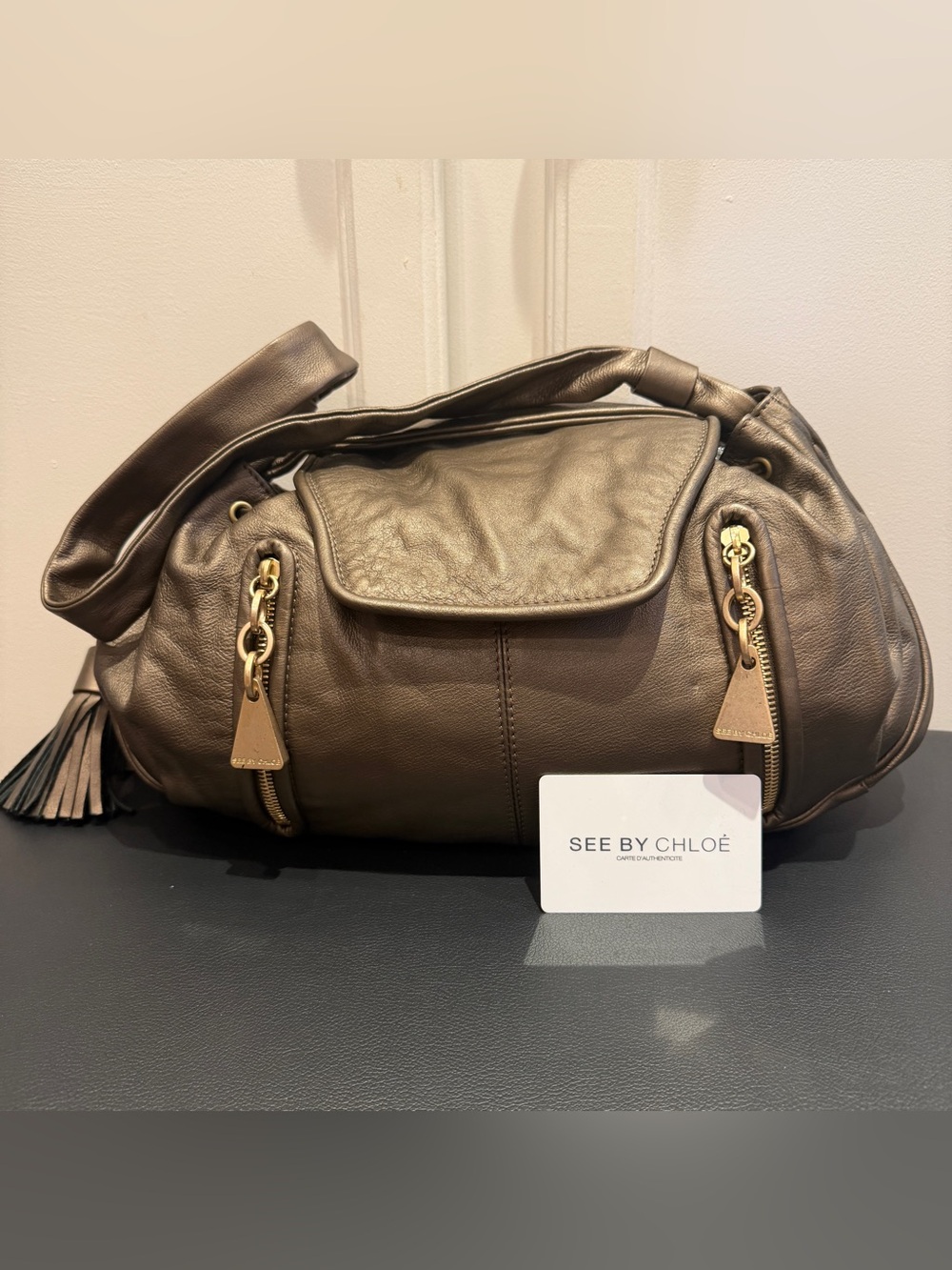See by Chloe Cherry Crossbody Bag Metallic Bronze Leather Boho Tassel Purse COA